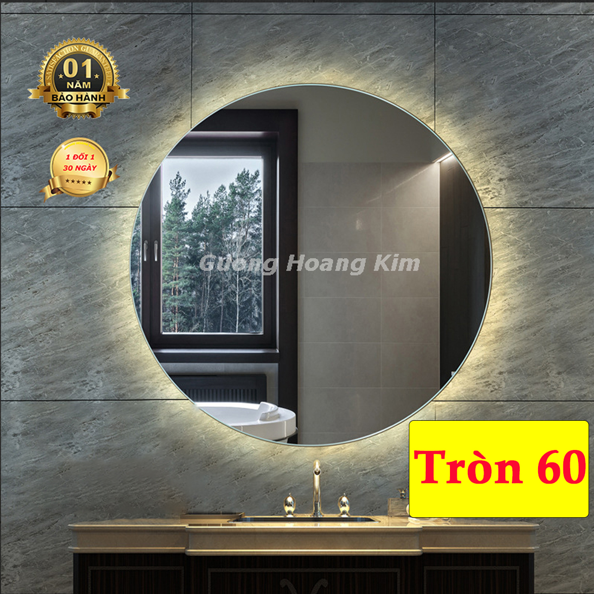 Gương tròn treo tường đèn led cảm ứng hiện đại, gương bàn trang điểm decor kích thước tròn D60 cm - guonghoangkim mirror