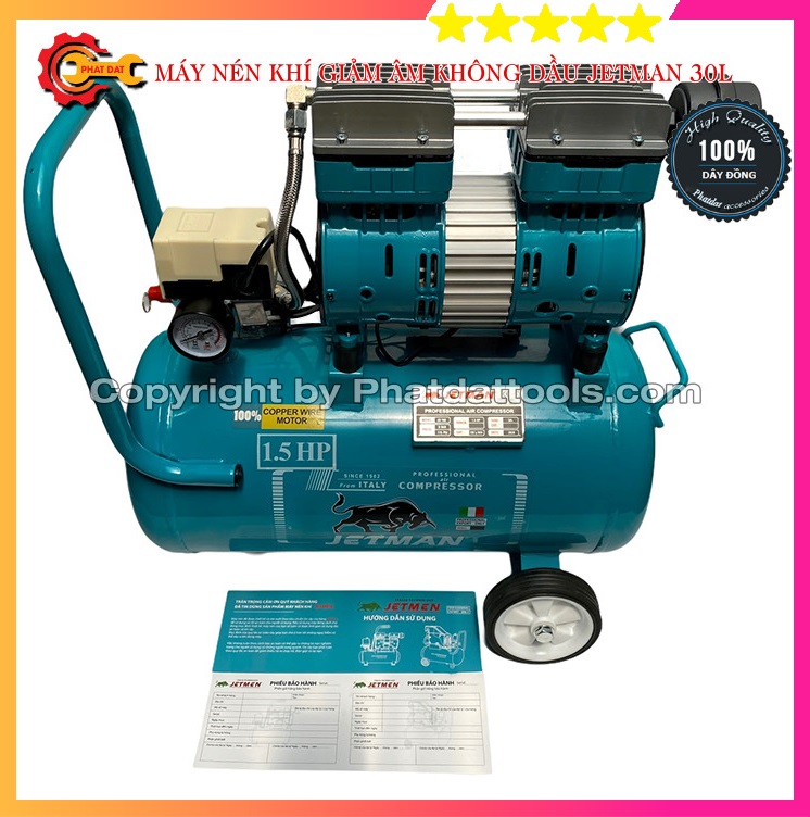 Máy nén khí jetman không dầu 30l 1.5hp - dây hơi 9m + sung xịt hơi + đầu bơm bánh xe