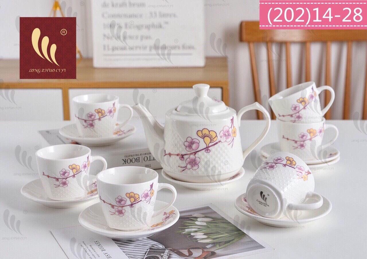 Bộ ấm trà 6 tách kèm dĩa tráng men hàn quốc cao cấp
