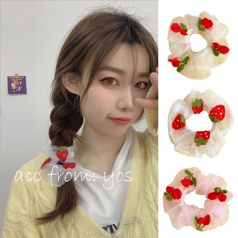 Dây cột tóc Scrunchies Hàn Quốc vải voan thêu trái cây xinh xắn cho nữ