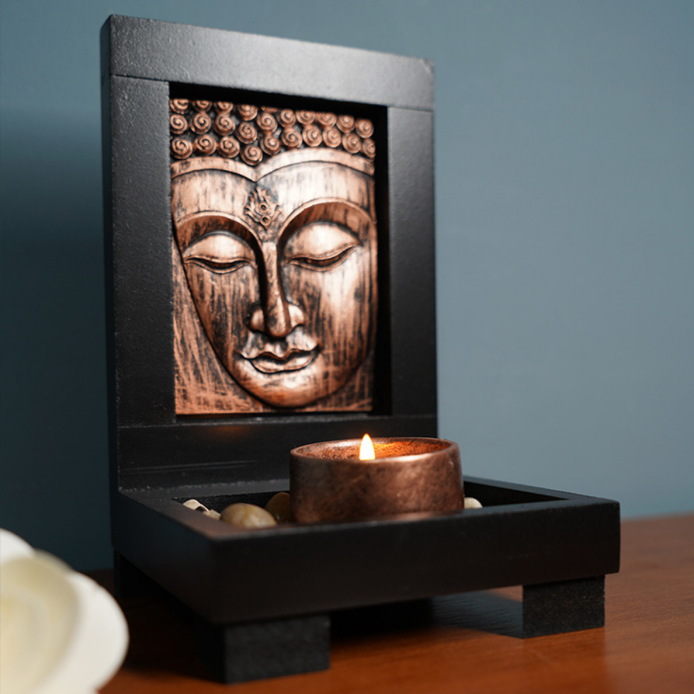Hộp nến diện phật bình an đế nến điêu khắc mặt phật thích ca cao cấp kèm sỏi decor và 5 viên nến- 🙏decor home an🙏