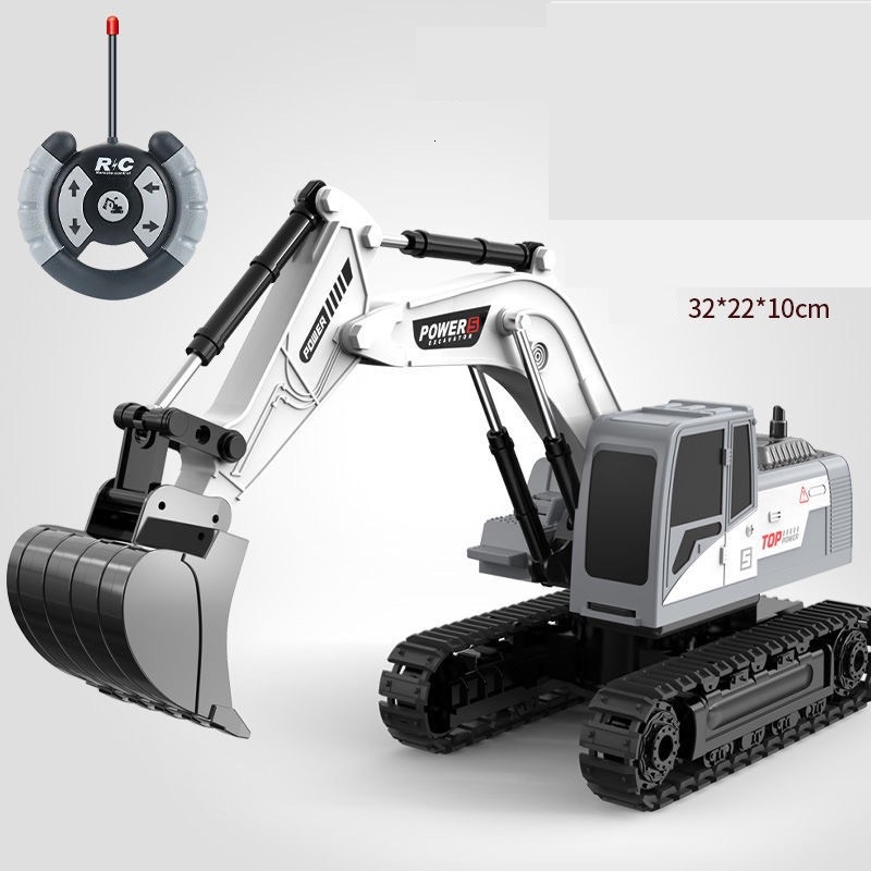 Đồ chơi xe máy xúc điều khiển từ xa, máy múc cẩu 6 nút điều khiển xoay 360° gầu kim loại siêu bền