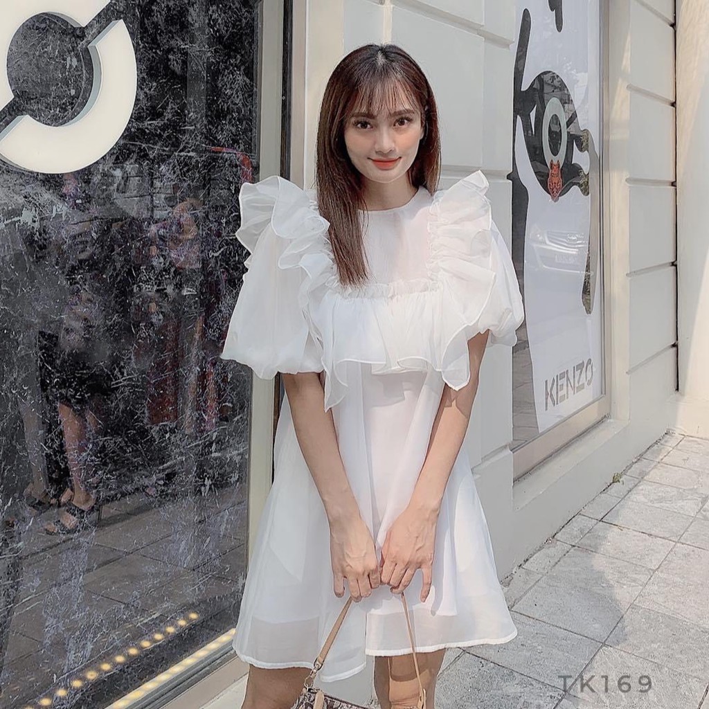 [Ảnh thật] Đầm babydoll voan xốp bèo vuông tay phồng