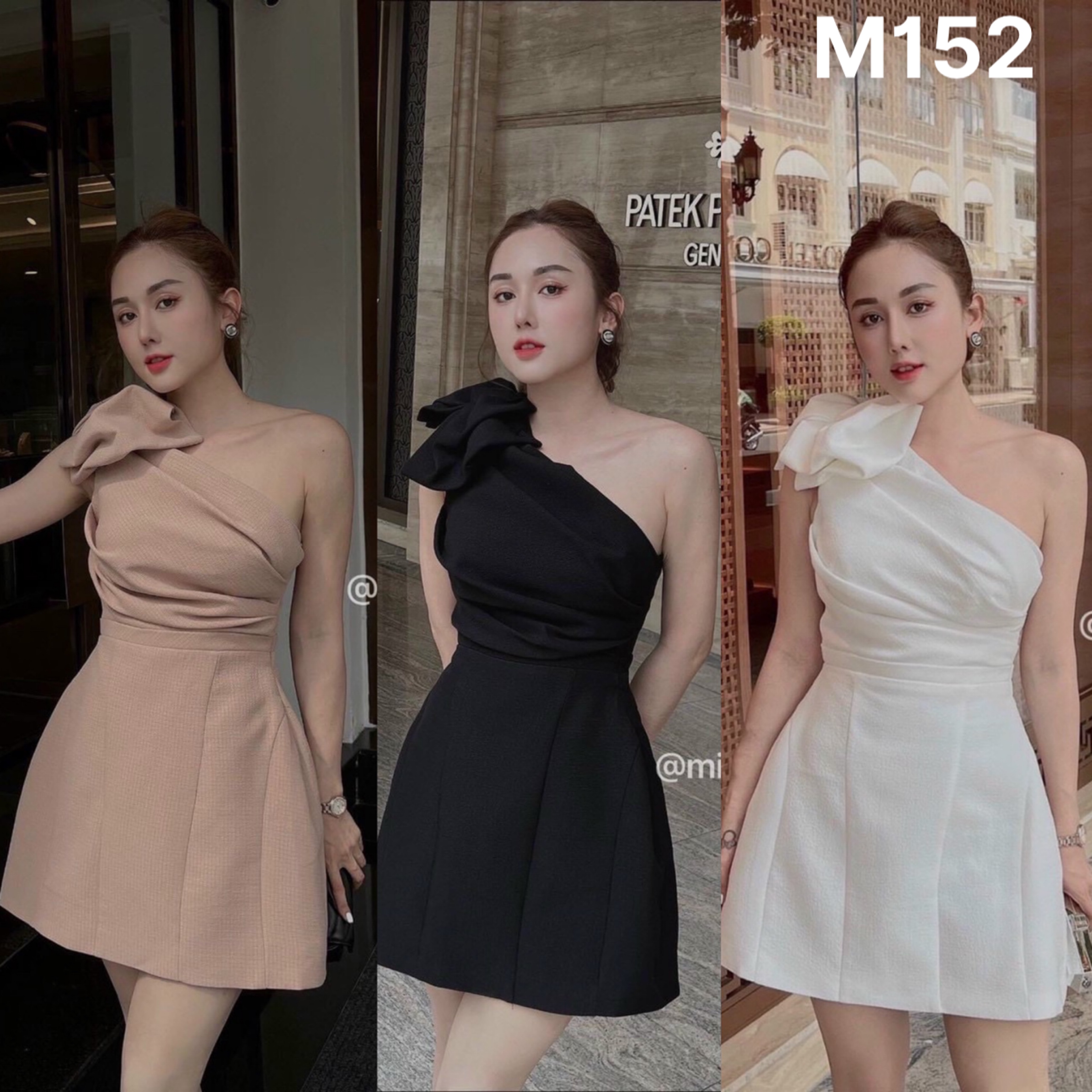 Đầm lệch vai nơ chất liệu thun umi M152