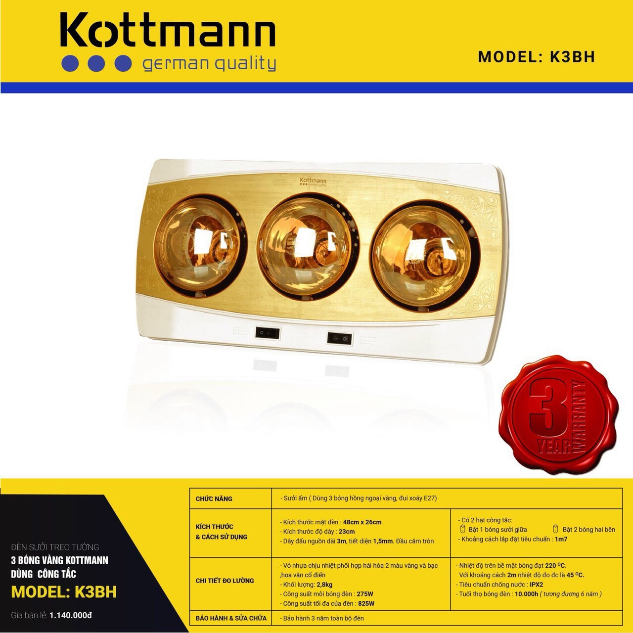 Đèn sưởi nhà tắm Kottmann - Hàng chính hãng, bảo hành 2 năm, Đèn sưởi treo tường