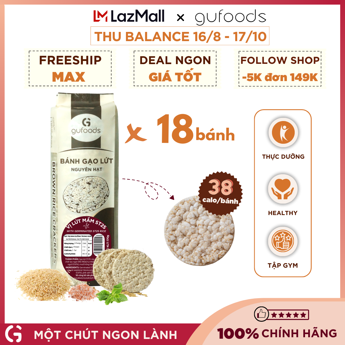 Bánh ăn kiêng, tập GYM gạo lứt GUfoods (170g/300g/160g) - Không đường, Không chiên dầu, Phù hợp Eat clean, Thực dưỡng, Thuần chay