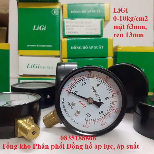 Đồng hồ đo áp suất nước, hơi, khí nén 10kg/cm2 mặt 63 chân ren 13mm