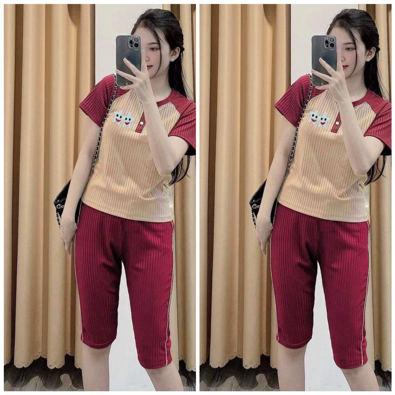 Set bộ nữ quần lửng chất thun gân mặc nhà dễ thương co giãn 4 chiều