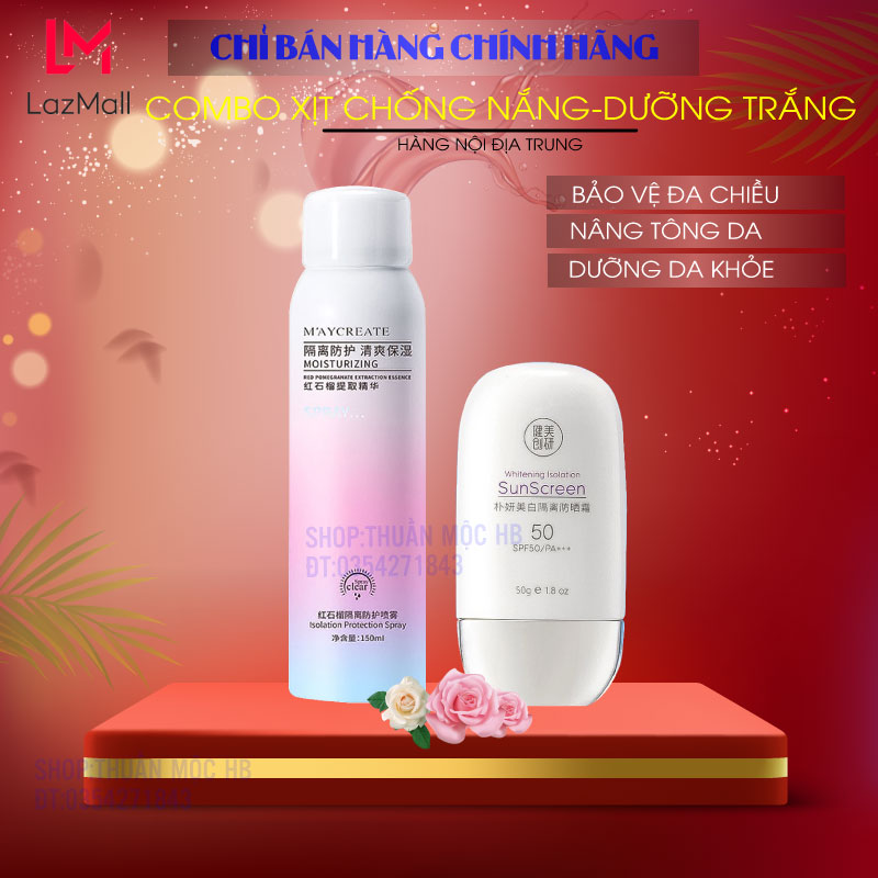 Combo xịt chống nắng dưỡng trắng Maycreate Moisturizing Spray chai 150ml và kem chống nắng da mặt 50g - Thuần Mộc Shop