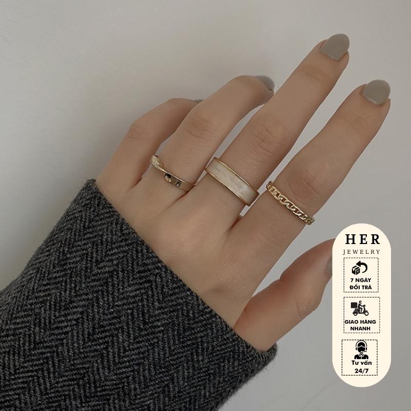 Set nhẫn nữ khảm xà cừ cá tính, bộ nhẫn nữ 3 chiếc phong cách Retro Her Jewelry N1