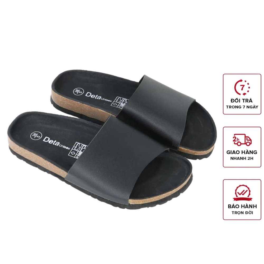 Dép đen quai ngang bản lớn đế trấu detaunisex mã deta12f