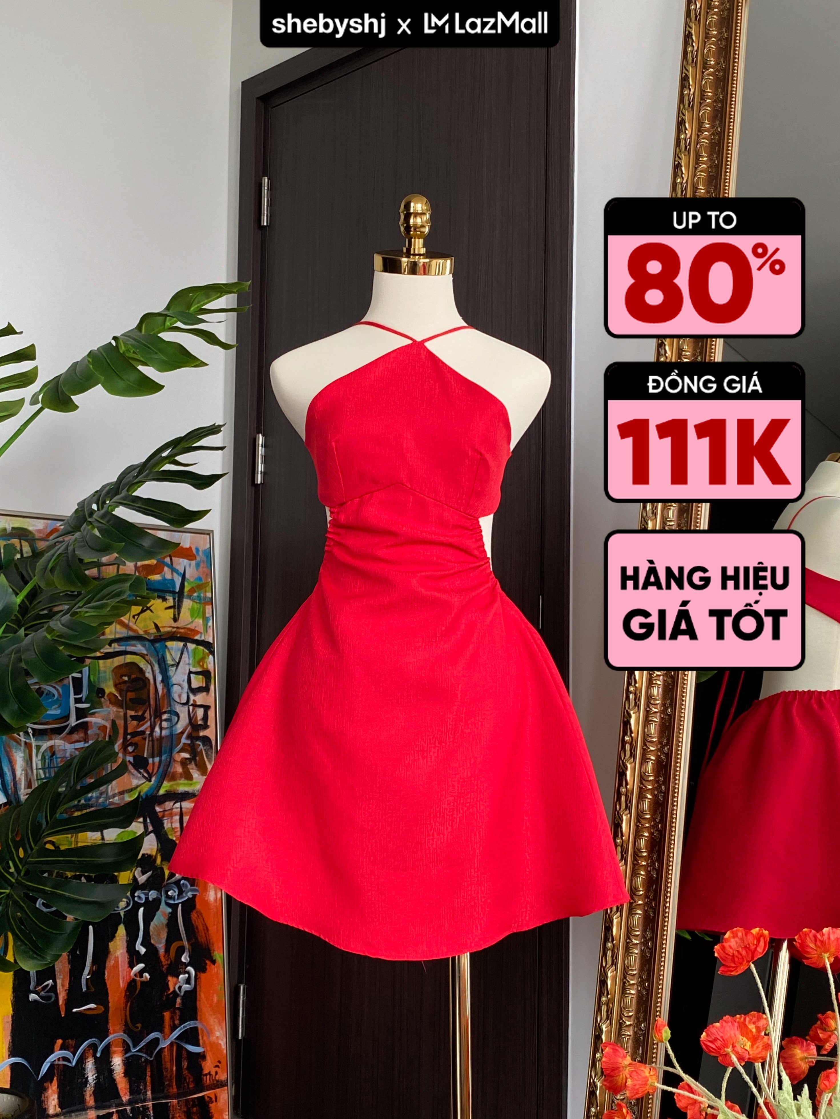 Đầm xoè SheByShj cổ yếm màu đỏ - Leena Dress