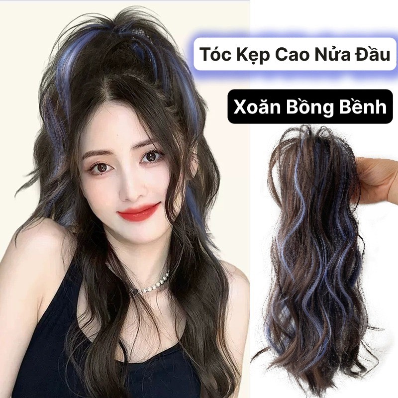  Tóc Giả Kẹp Cao Nửa Đầu Xoăn Light Xanh Cá Tính Phong Cách Hàn Quốc Qiqishop 