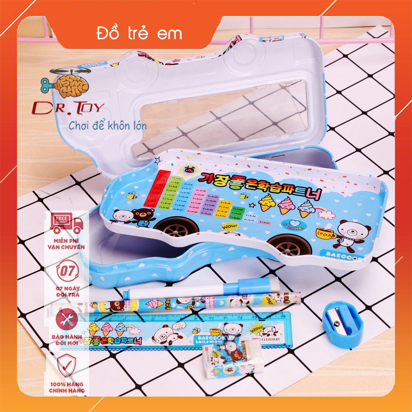 Hộp bút đa năng cho học sinh cấp 1 thiết kế siêu cute kèm 1 thước kẻ, 1 bút chì, 1 bút dạ, 1 gọt chì, 1 tẩy