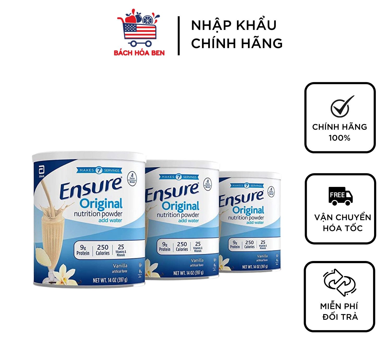 COMBO 3 lon Sữa Ensure Original Vanilla MỸ 400g - Mẫu mới date 12/2025