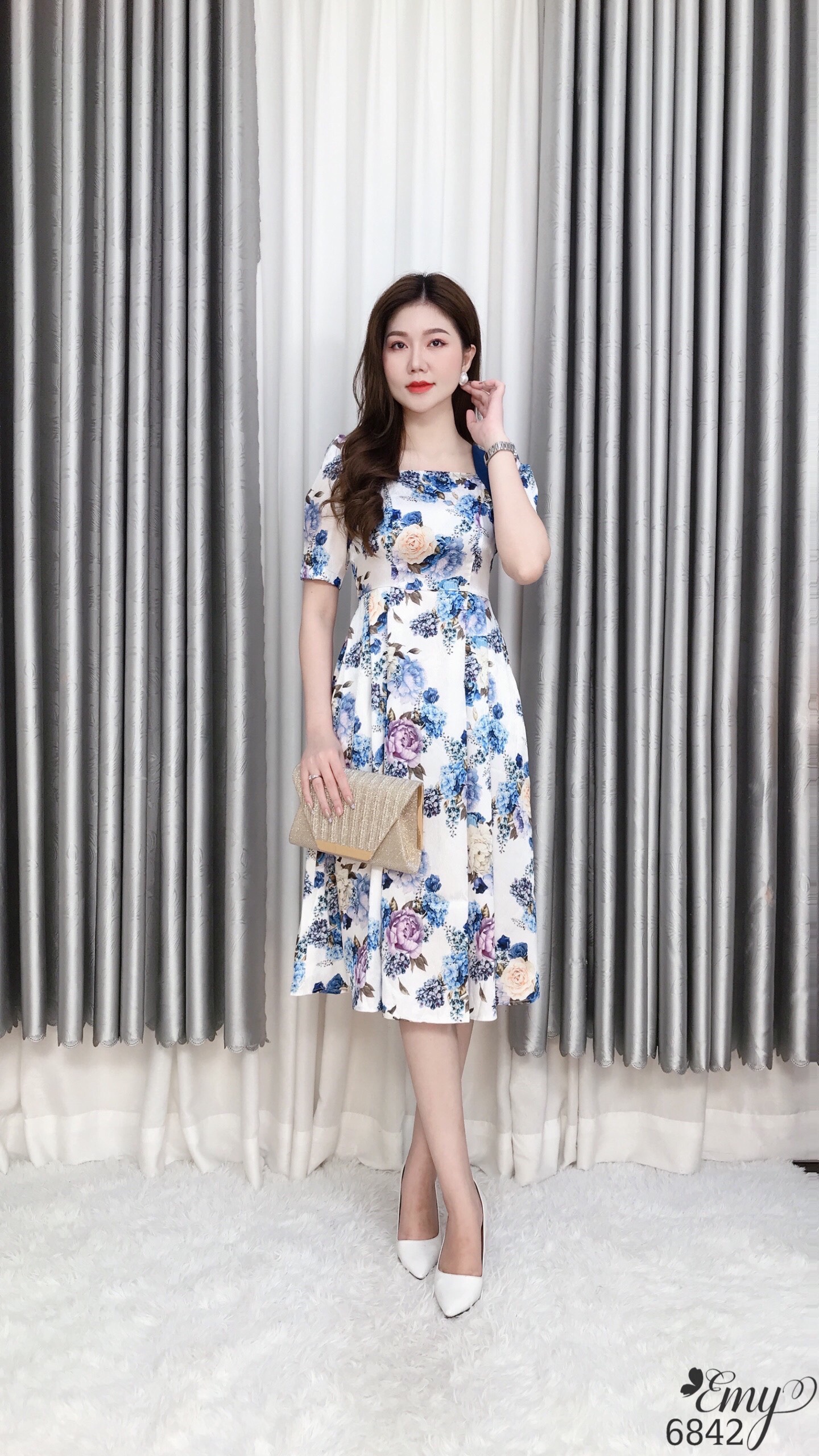 Đầm emy em6842 xoè phối vai