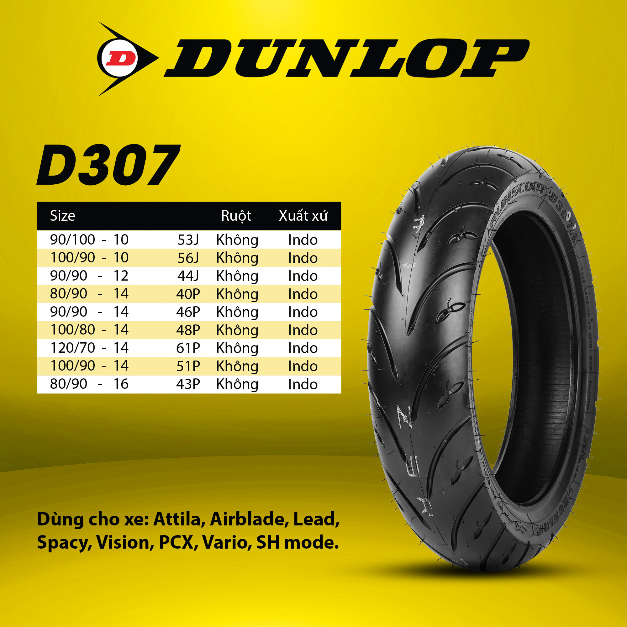 Vỏ lốp xe máy Dunlop D307 đủ size 90 90-12 100 90-10 80 90 100 120 Vành 14