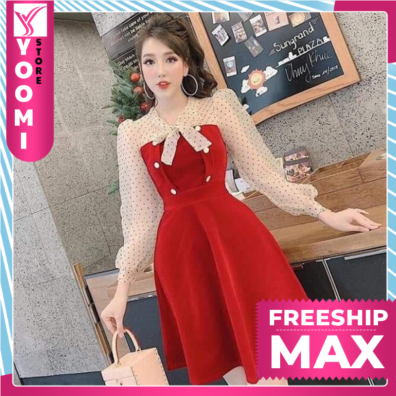 Đầm nữ tay lưới chấm bi kết nơ dễ thương thời trang yoomi