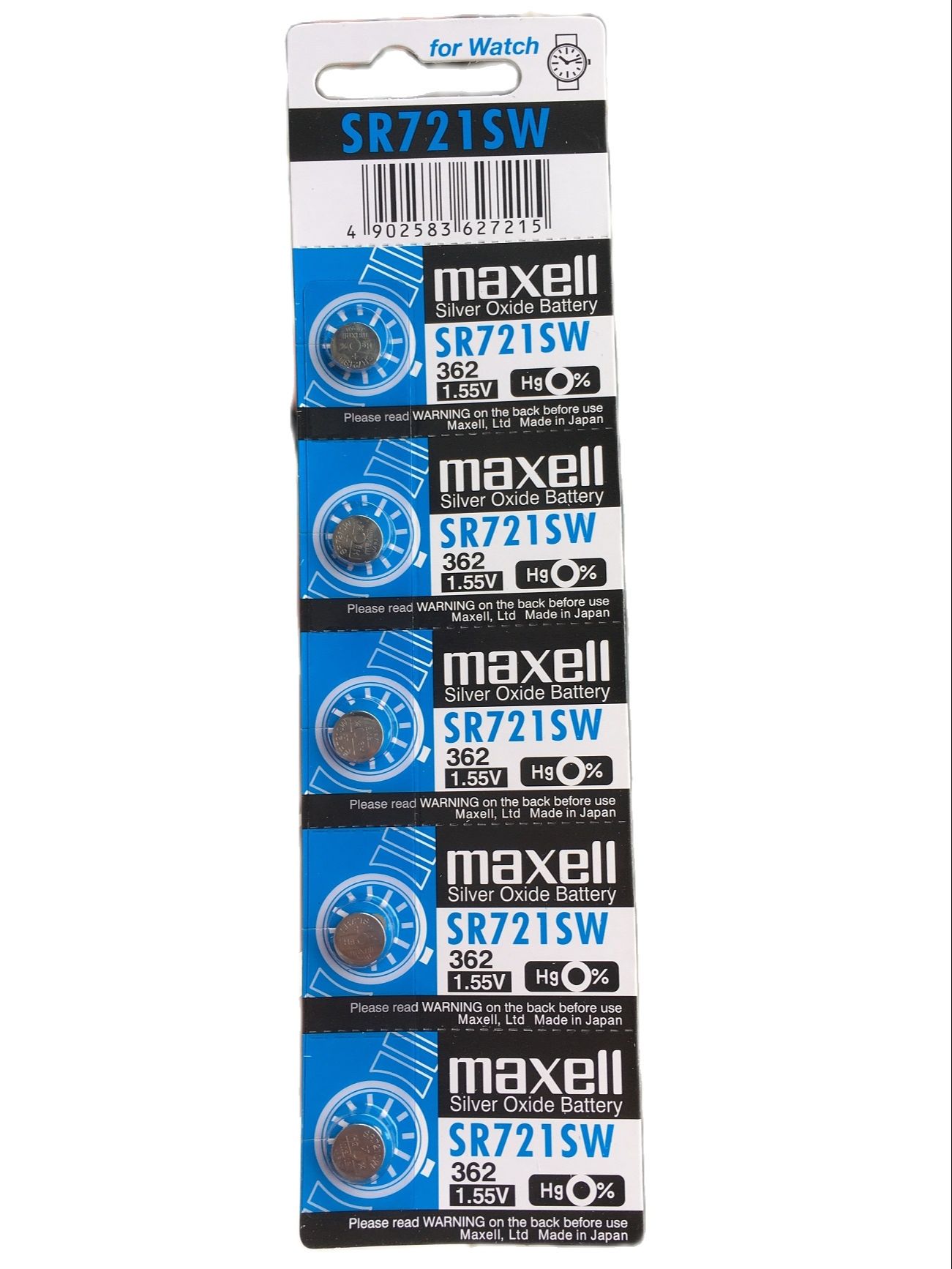 Vỉ 5 viên pin đồng hồ sr721sw / ag11 / 362 maxell 1.55v nhật bản