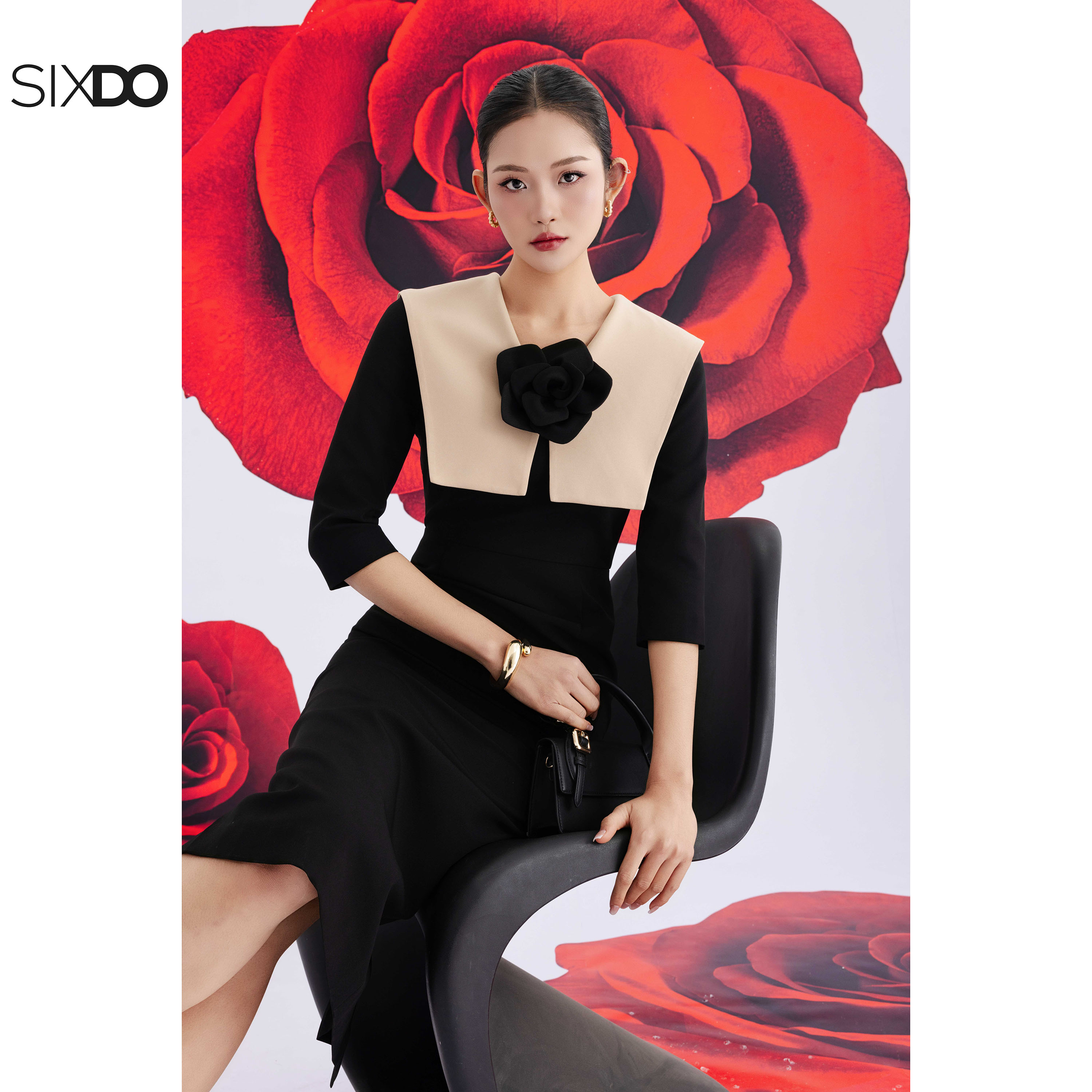  Đầm midi đen dáng bút chì phối hoa SIXDO  Black Woven Pencil Dress With Flower  