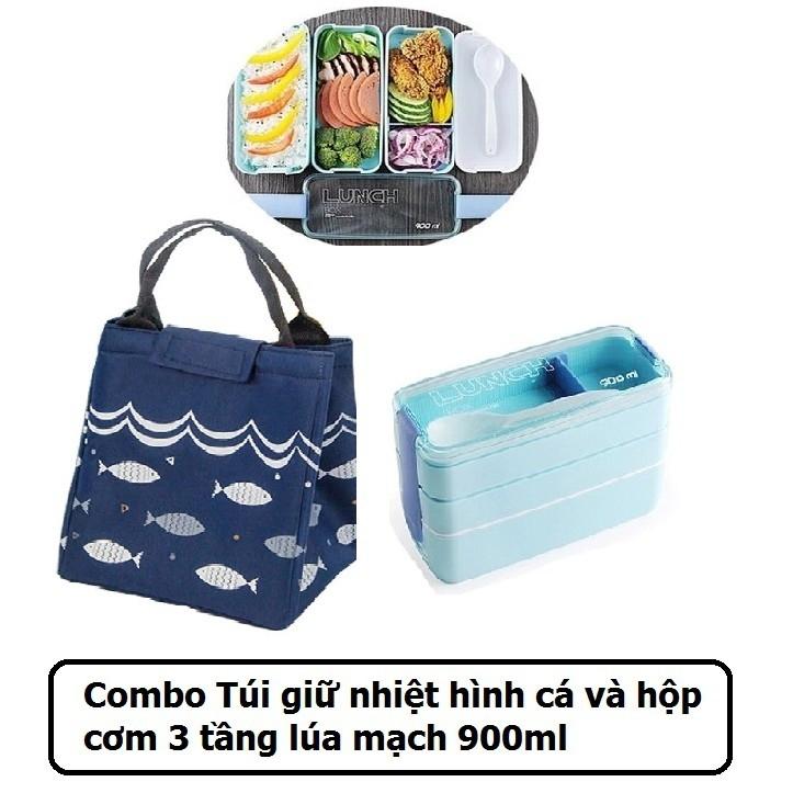 [HCM]Combo Túi giữ nhiệt có quai xách hình cá và hộp cơm 3 tầng lúa mạch 900ml