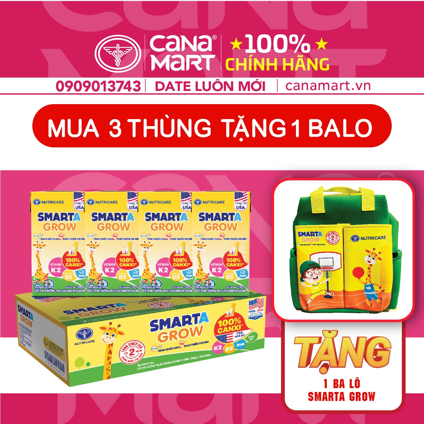 Thùng sữa pha sẵn Nutricare Smarta Grow dinh dưỡng cho trẻ thấp còi