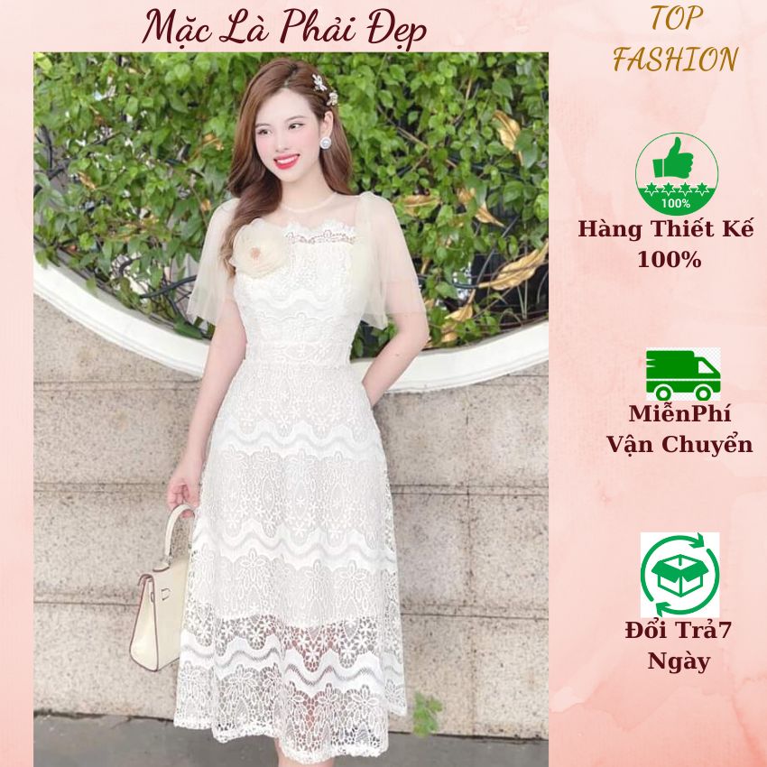 Đầm dự tiệc sang chảnh topfashion, váy ren trắng sữa cài hoa duyên dáng- ảnh thật 100%