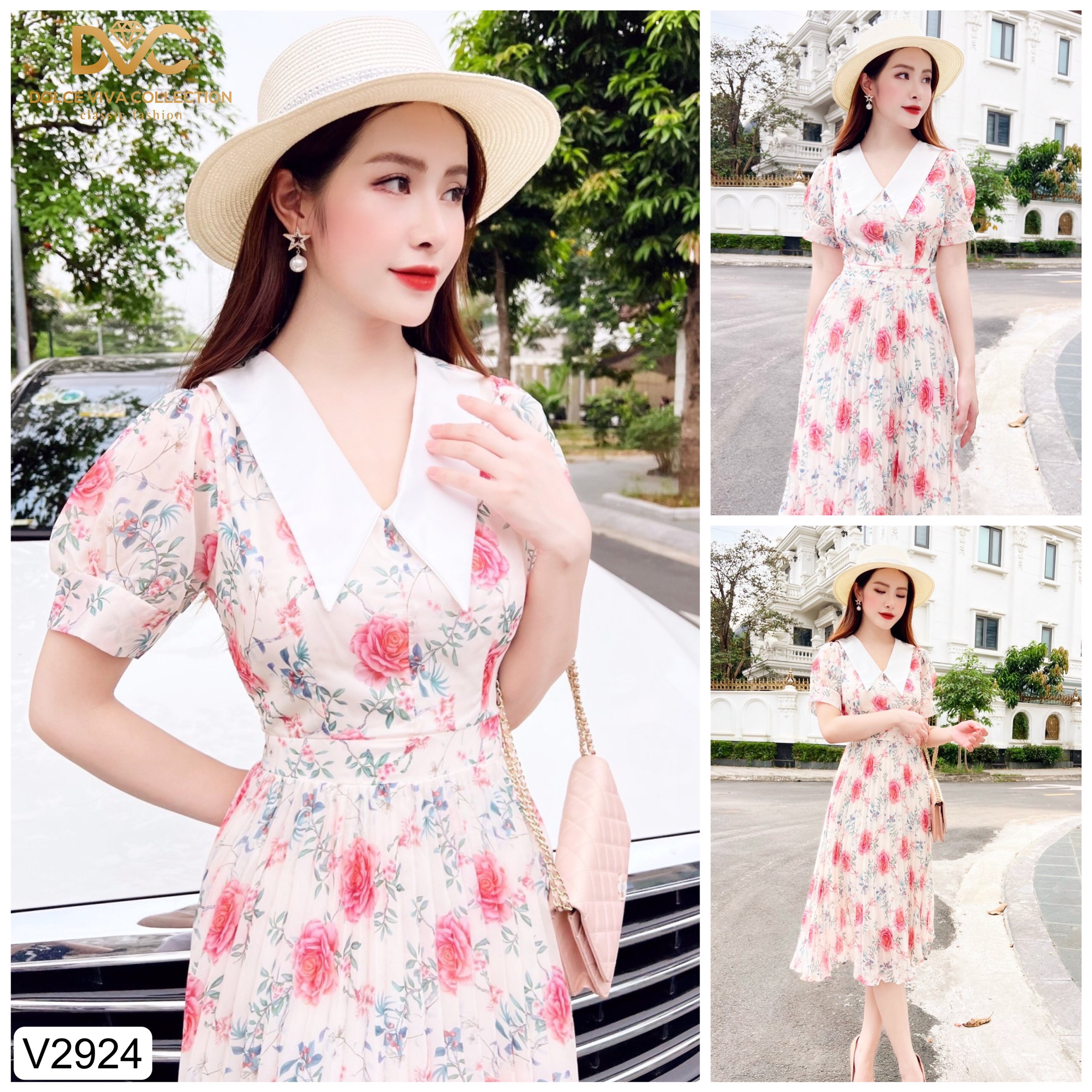 Váy hoa hồng cổ trắng v2924 -dolce viva collection
