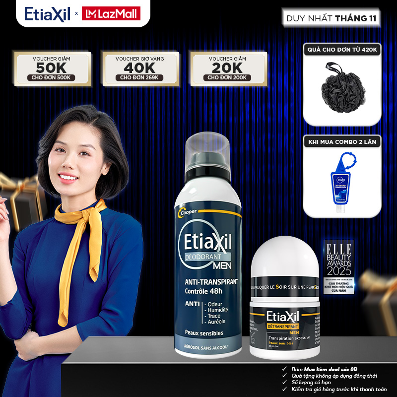 Combo Lăn Khử Mùi Mồ Hôi Dành Cho Nam Giới Etiaxil Men 15ml Và Xịt Khử Mùi Hằng Ngày Etiaxil Men 150