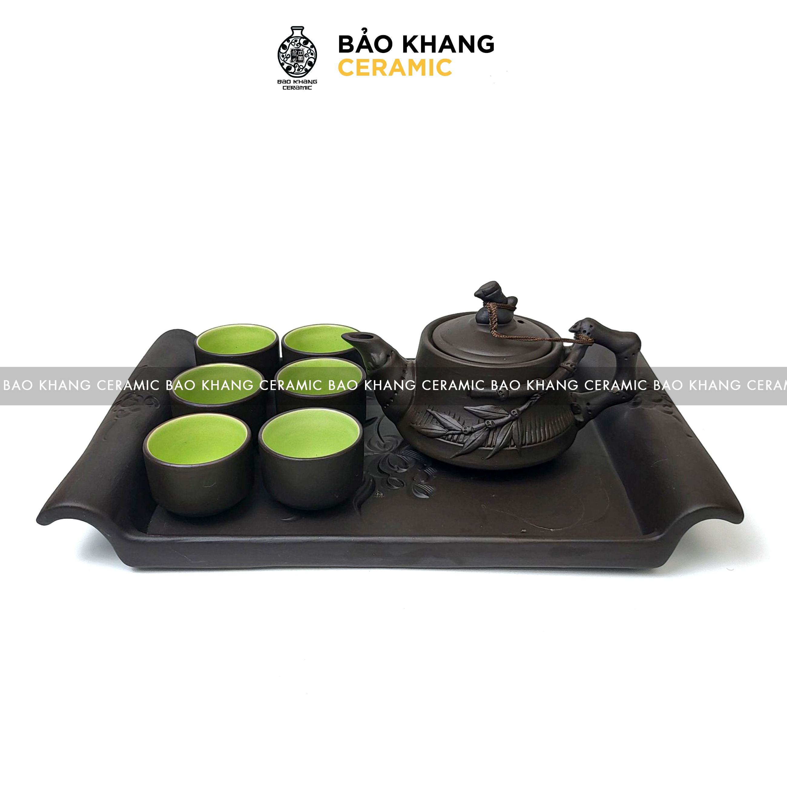 Bộ ấm tử sa Bát Tràng đắp trúc vuông bộ ấm chén tử sa uống trà gốm sứ Bát Tràng Bảo Khang