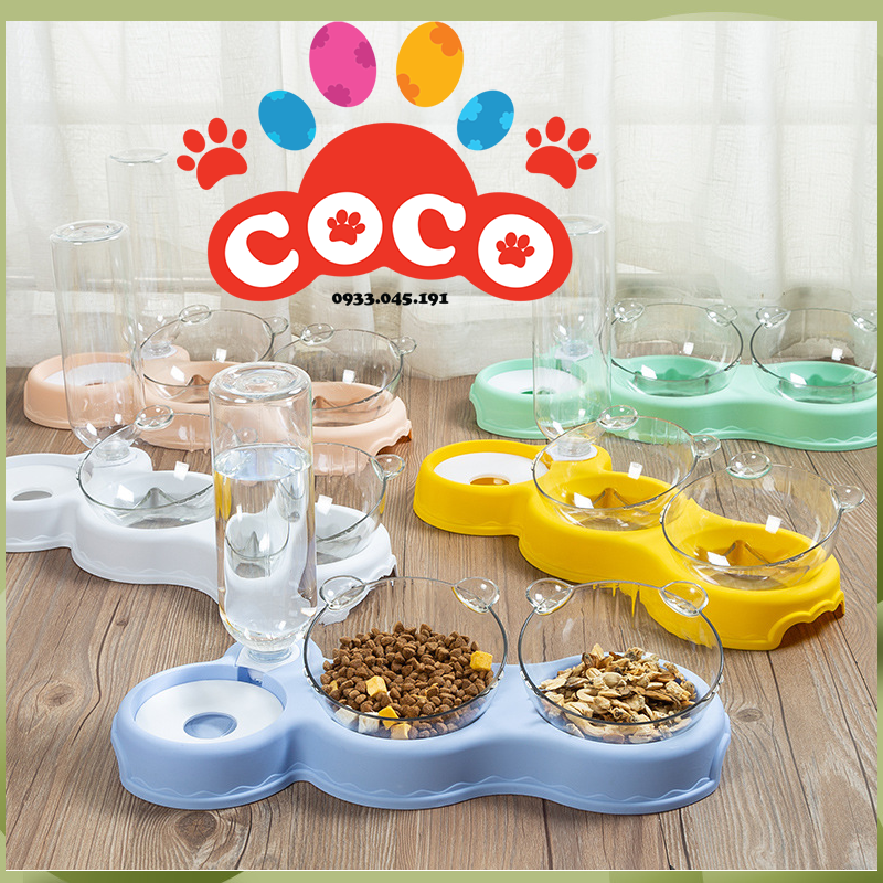 Bộ bát ăn 3in1 cho chó mèo nghiêng 45 độ chống gù, chống sặc, chống nghẹn. Bát ăn đôi kèm bình nước tự động