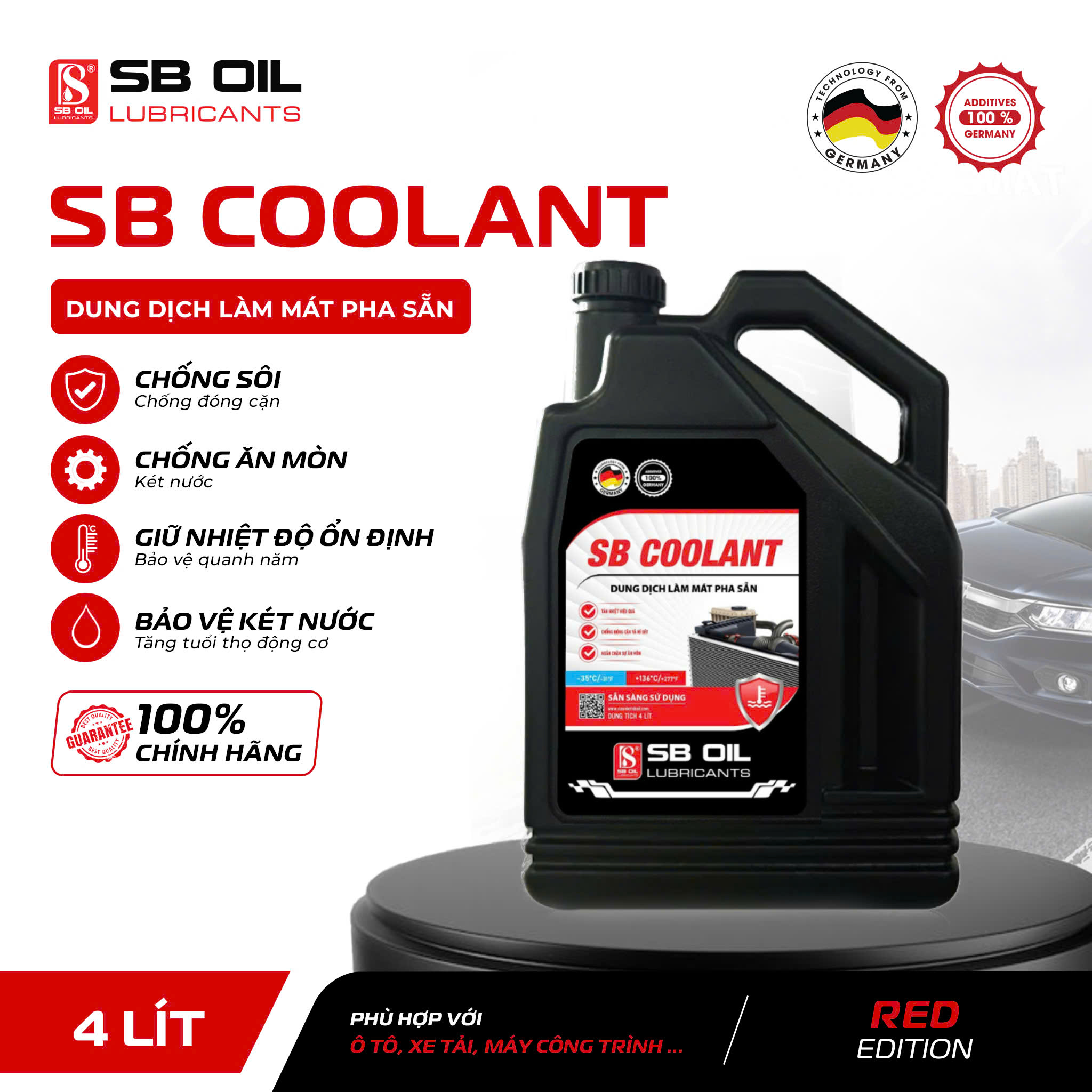 Nước làm mát động cơ SB COOLANT – gốc Ethylene Glycol thiết kế sử dụng cho động cơ xăng và diesel