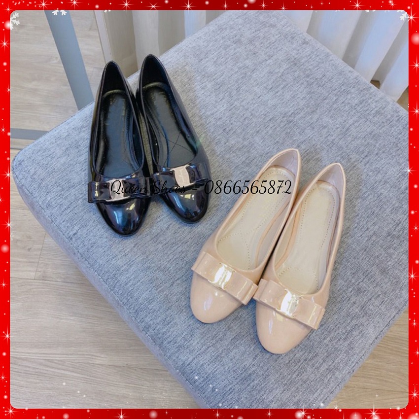 giày búp bê nữ đính nơ, giày bệt nữ da bóng mũi tròn fom dáng xinh xinh