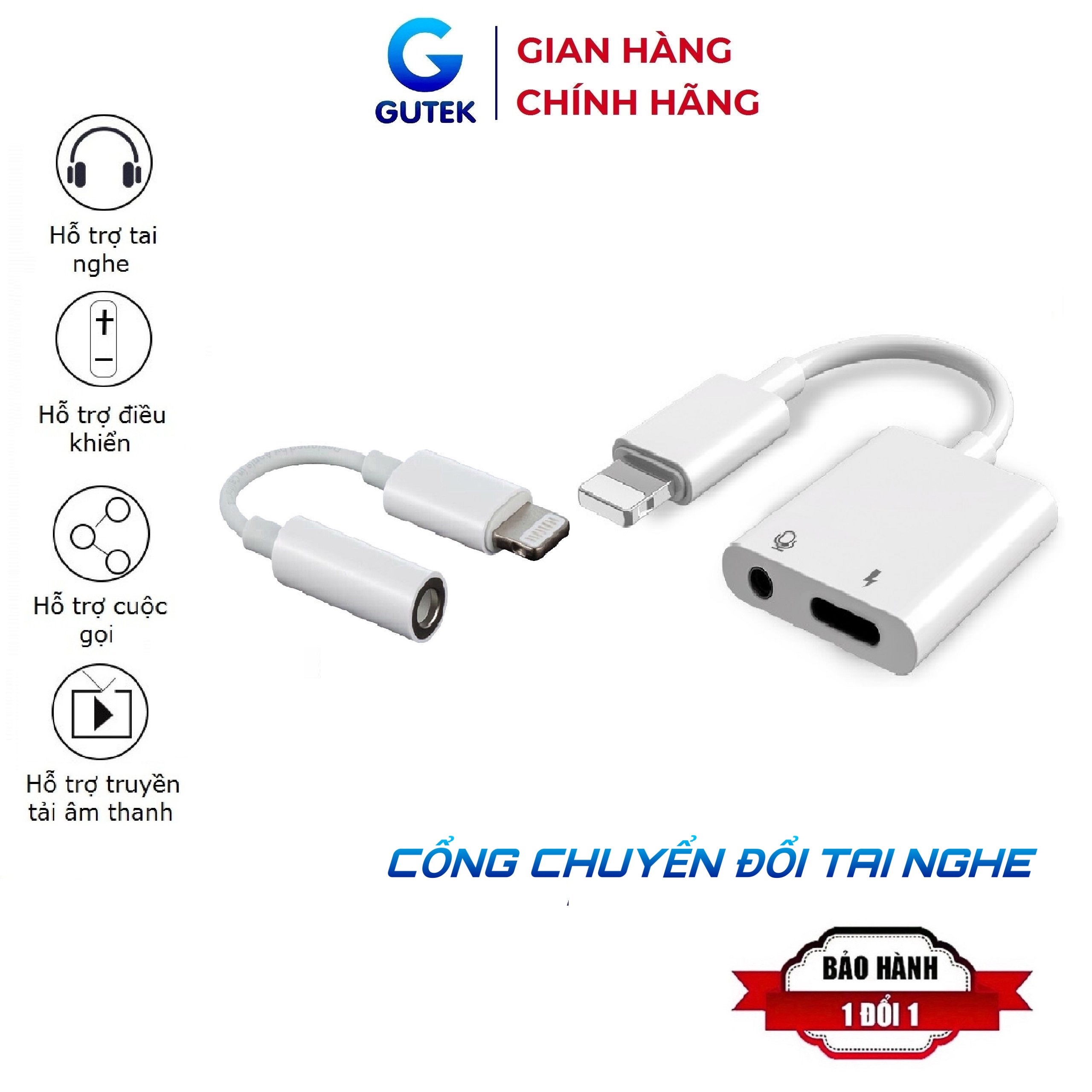 Dây cáp chuyển đổi tai nghe cổng jack 3.5mm sang chân cắm lightning IP kèm cổng sạc an toàn - Gutek A3