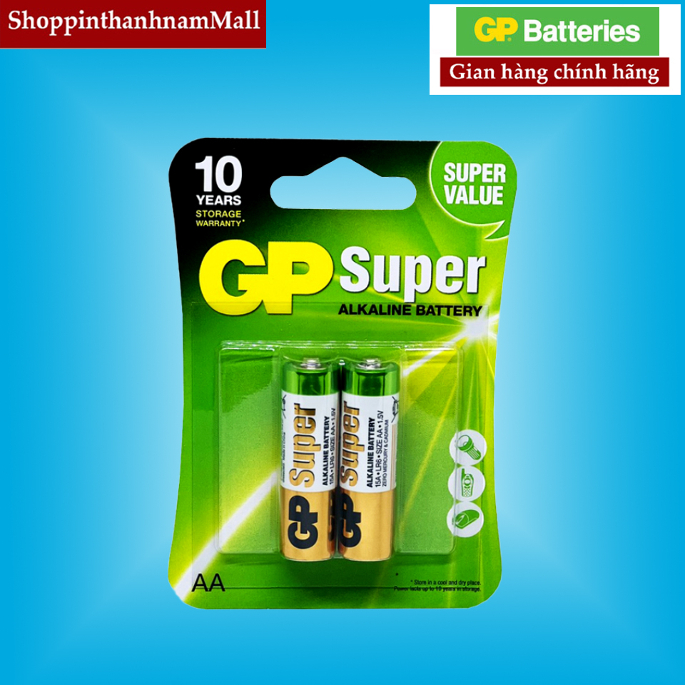 Pin aa gp super alkaline lr6 vỉ 2 viên chính hãng dung lượng cao