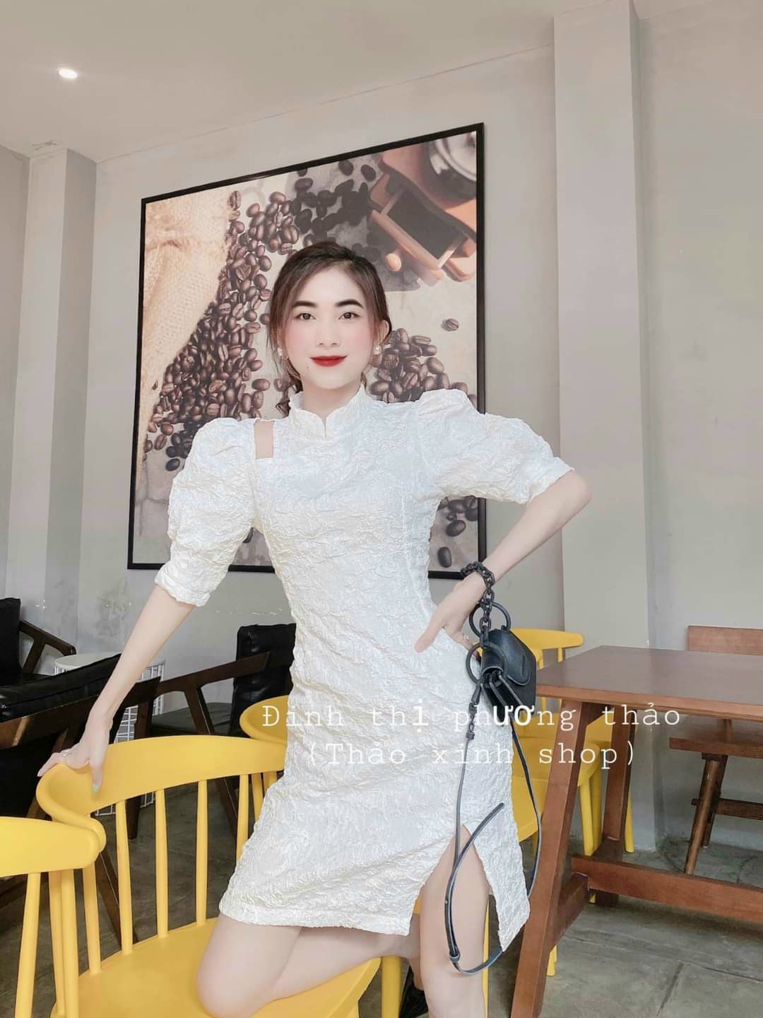 Đầm gấm xốp cổ tàu tay phồng #damgamxoptayphong