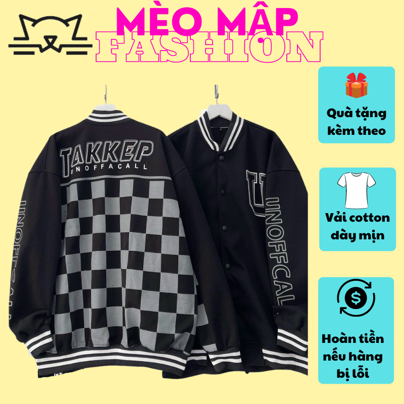 Áo khoác Bomber jacket UNO TAKKEP nam nữ đẹp chất dạ in họa tiết caro - Áo khoác varsity UNO TAKKEP chất nỉ dạ caro cao cấp Mèo Mập Fashion
