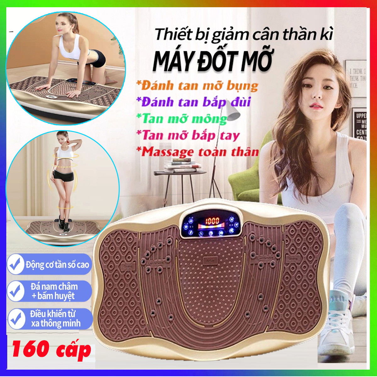 Máy rung toàn thân 160 cấp điều khiển Tiếng Việt, Máy giảm cân massage rung toàn thân, giảm mỡ bụng triệt để so với Máy chạy bộ, Máy tập bụng, máy tập gym