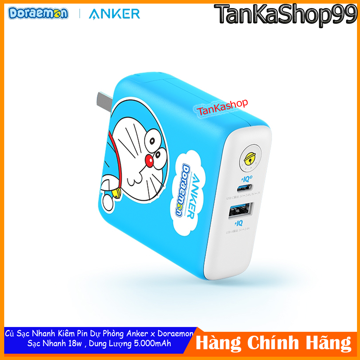 Củ Sạc Kiêm Pin Dự Phòng Anker x Doraemon 5.000mAh - A1624 Sạc Nhanh IQ3 PD 18w + QC3.0 cho iphone và Androi