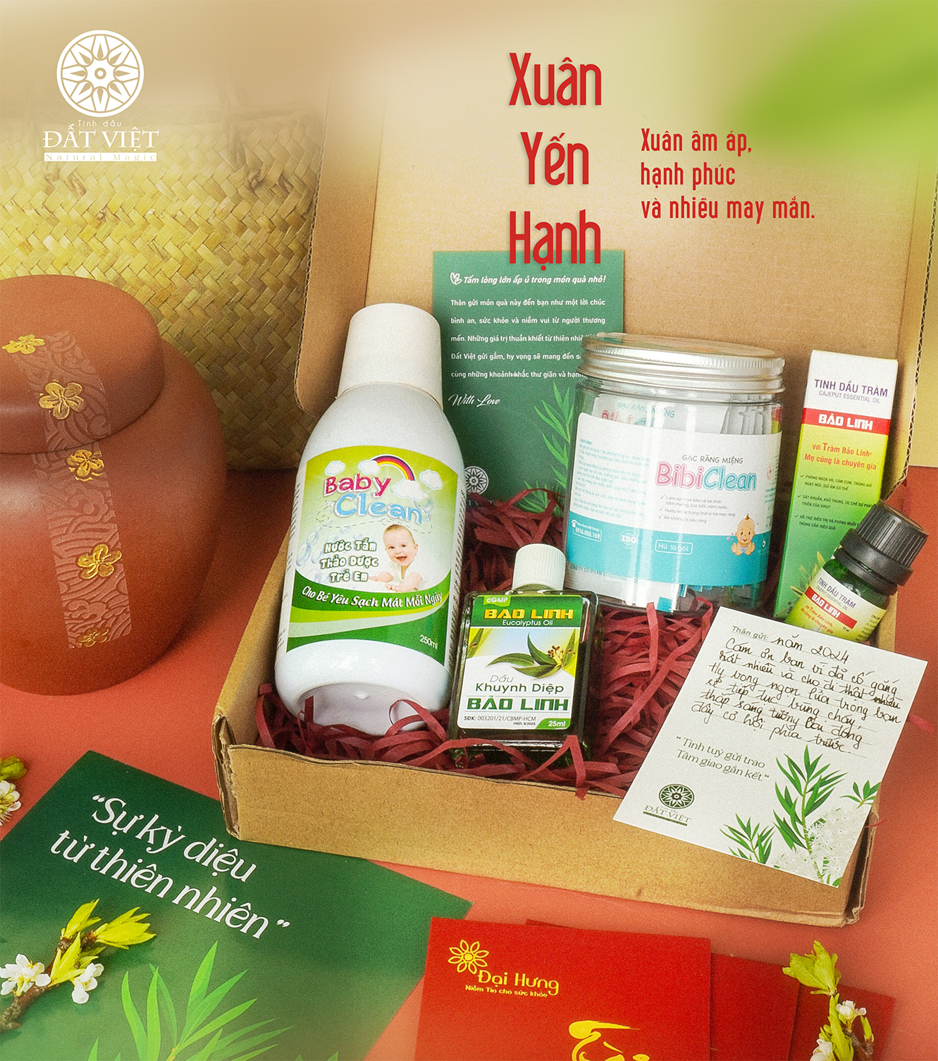 Set quà tặng cho bé "Yến hạnh" - Dầu khuynh diệp, Tinh dầu tràm Huế, Nước tắm thảo dược, gạc rơ lưỡi