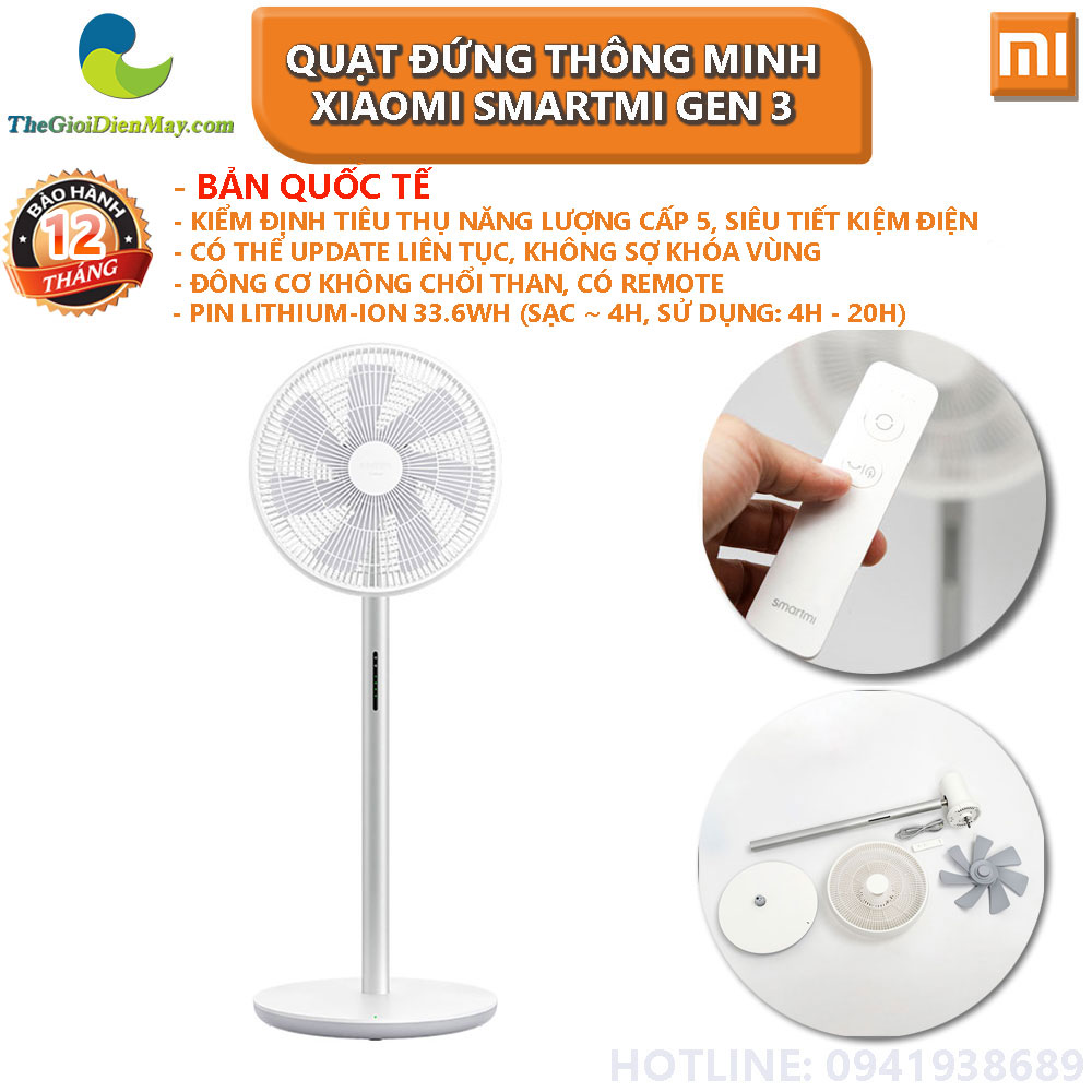 [Bản quốc tế] Quạt Cây Thông Minh Smartmi Gen 2S  Pin 2800mAh, Wifi, Tiết Kiệm Điện - Bảo Hành 6 Tháng - Shop Thế Giới Điện Máy