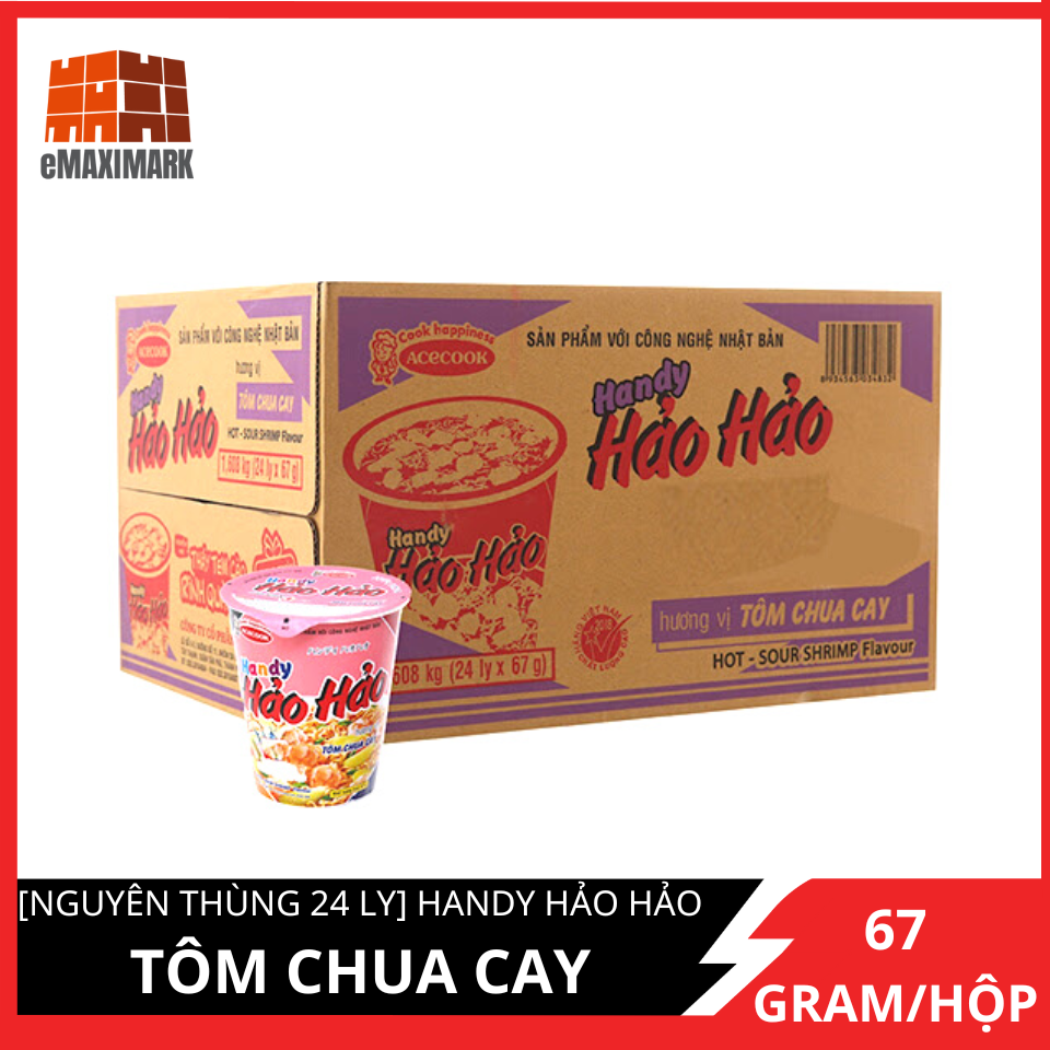 Mỳ ly handy hảo hảo vị tôm chua cay hộp 67g / hộp x24