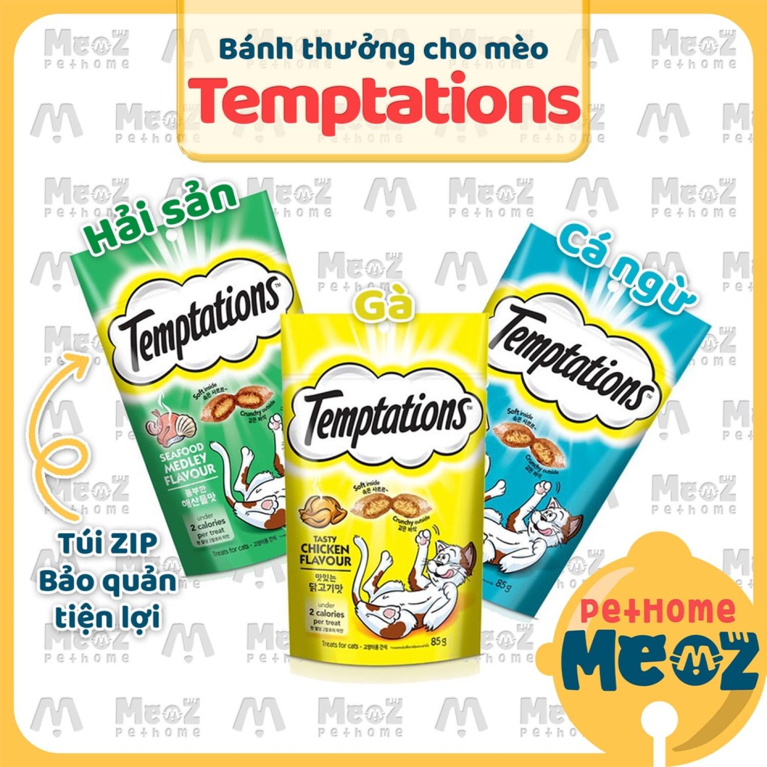 Bánh thưởng mèo Temptations, snack cho mèo có nhân thơm ngon 85g
