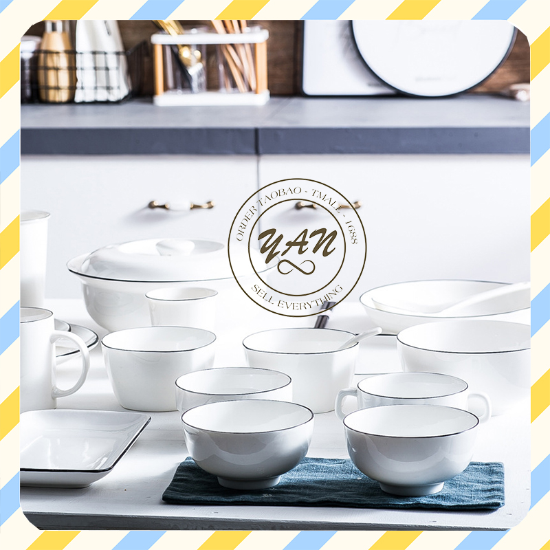Bát đĩa sứ men trắng YANDY HOME BB07 chén dĩa tô gốm sứ men trắng viền đen trang sọng đẹp giá rẻ