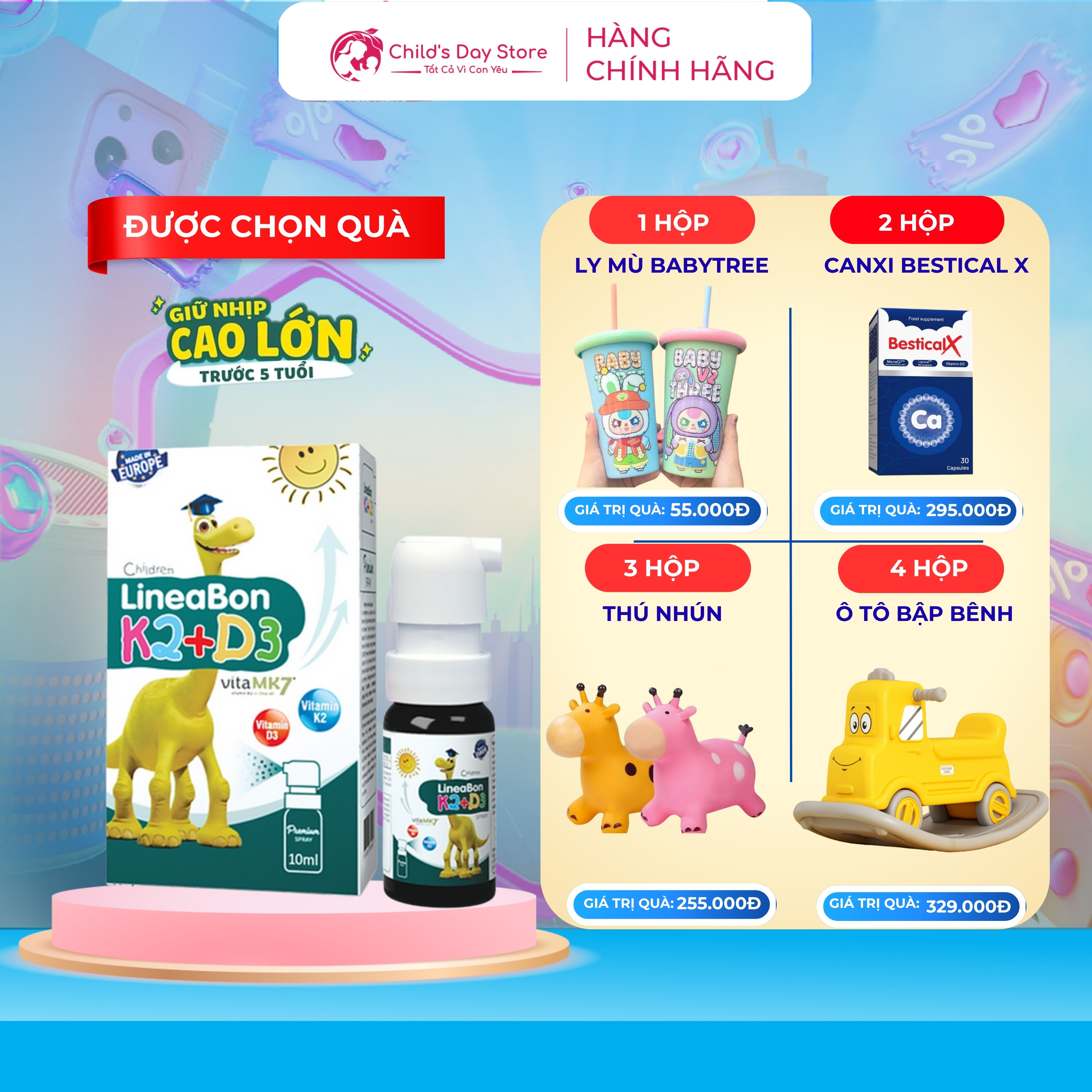 Lineabon D3K2 vitamin MK7 dạng xịt tiện lợi hỗ trợ bổ sung vitamin D3 K2 và canxi cho bé