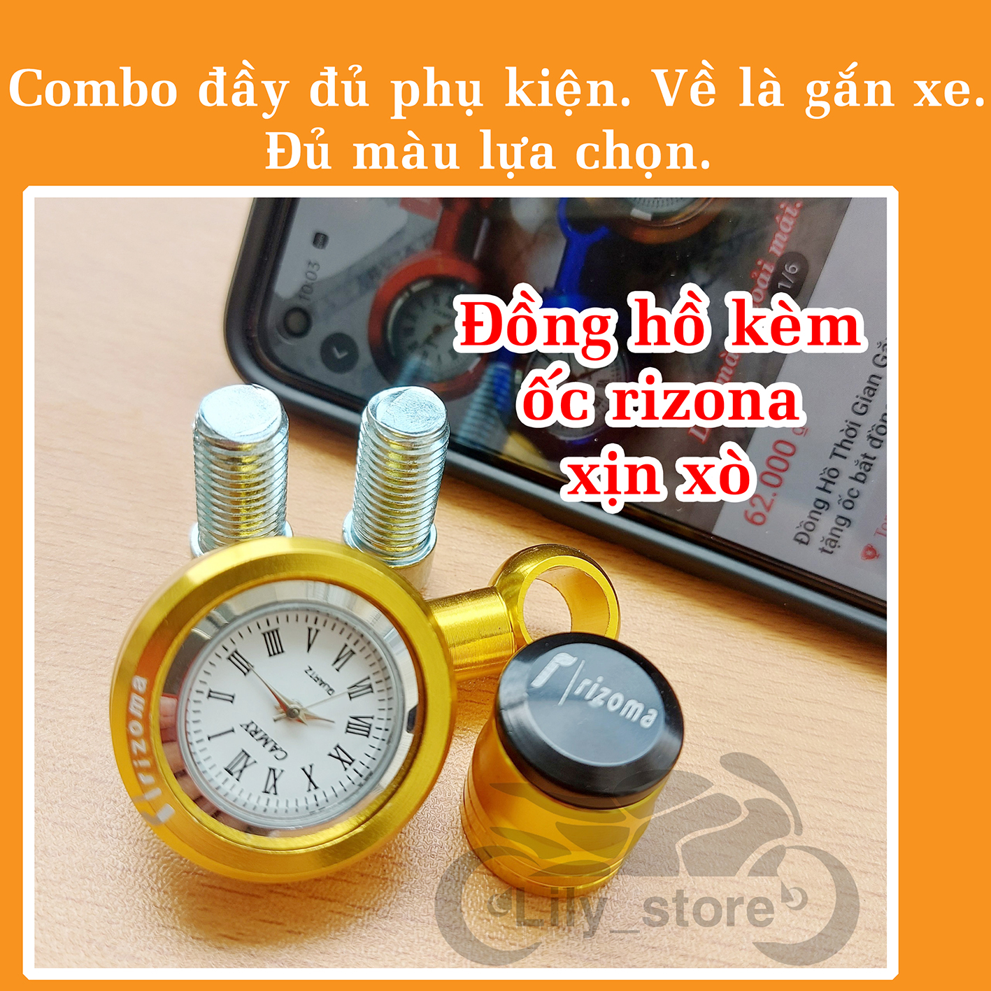 Đồng Hồ thời gian mini gắn chân gương xe máy tặng ốc thuận ngược và pin dự phòng