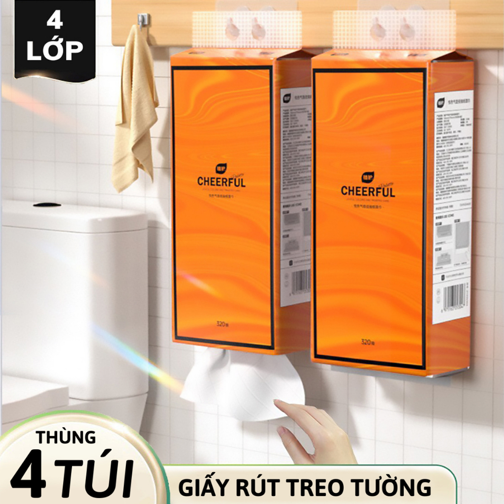 COMBO Thùng 4 Túi Giấy Ăn Treo Tường CHEERFUL, Hàng Nội Địa Trung, 1280 tờ tặng kèm móc treo, giấy vệ sinh treo tường 4 lớp bột gỗ nguyên sinh