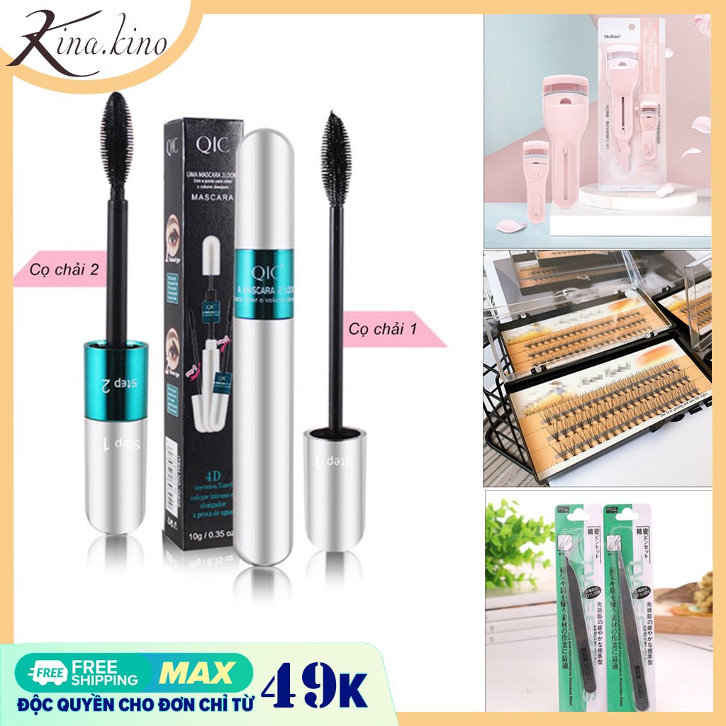 Combo 5 món làm đẹp, 2 kẹp bấm mi siêu cong, hộp lông mi giả 4D siêu cong, mascara chuốt mi, nhíp đầu cong gắp mi chùm nối mi, gắn đá Cao cấp- Kinakino phukienlamdep