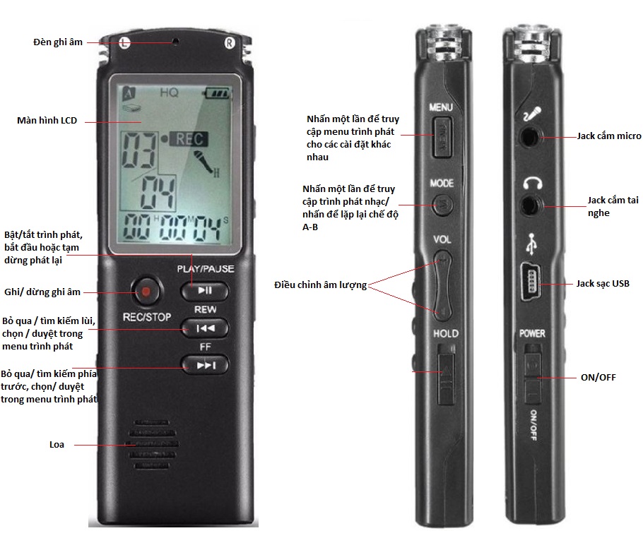 [HCM]Máy ghi âm T60 16Gb kèm tai nghe dây sạc (Đen chì)