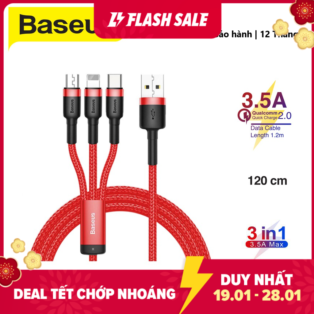 Cáp sạc 3 đầu Basesus Kevlar 3 trong 1 USB type C /micro usb / lightning - Lightning dành cho iPhone XR X Xs Max